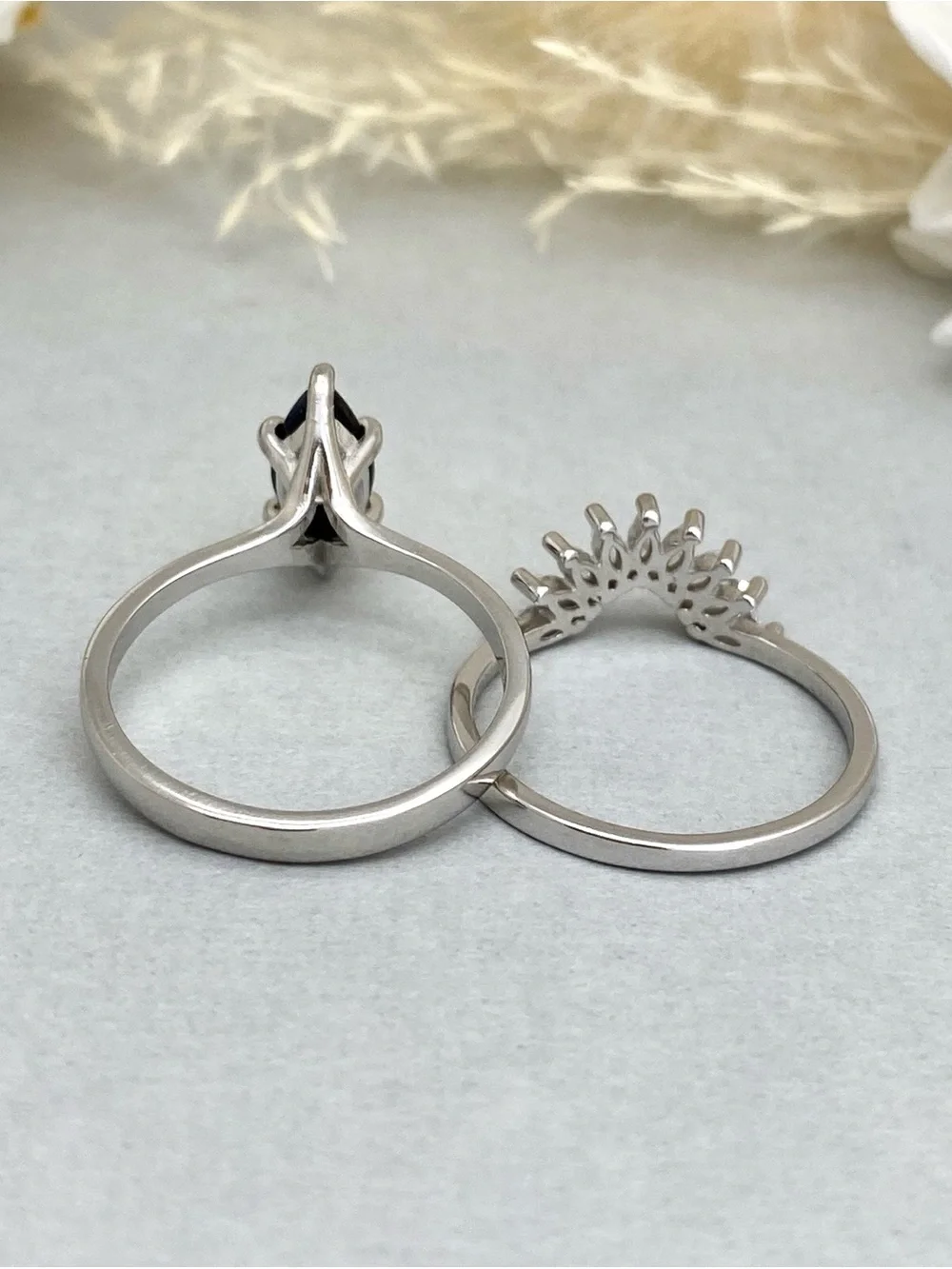 Black CZ Marquise Cut 2pc Sterling Silver Solitaire Stacking Band Ring Set